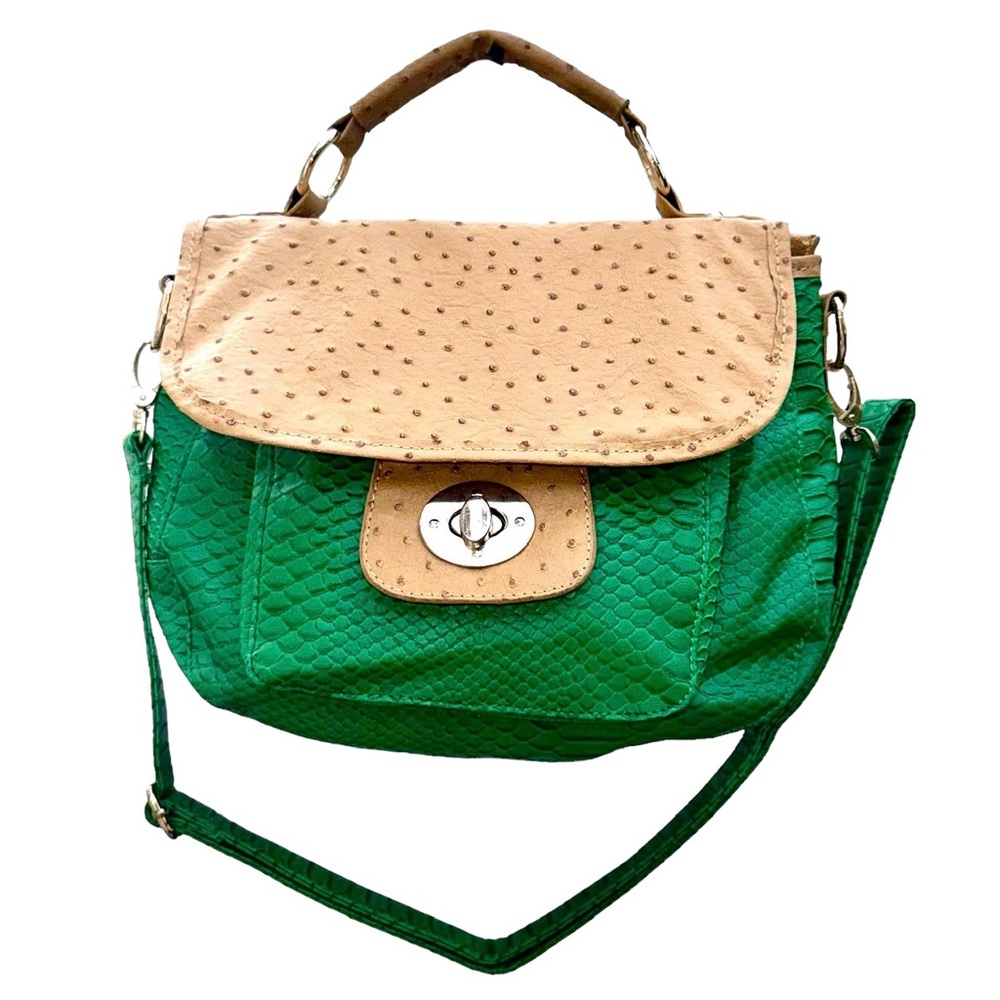 Francesca’s Collection Faux Ostrich Green Tan Crossbody Satchel